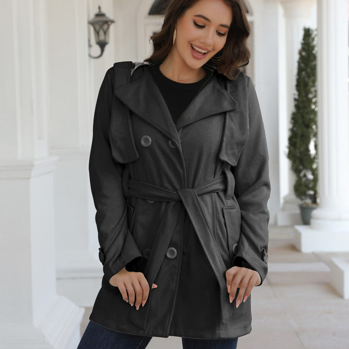 Damen Doppelreihiger Trenchcoat mit Kapuze, Taillengürtel & breitem Revers Drune