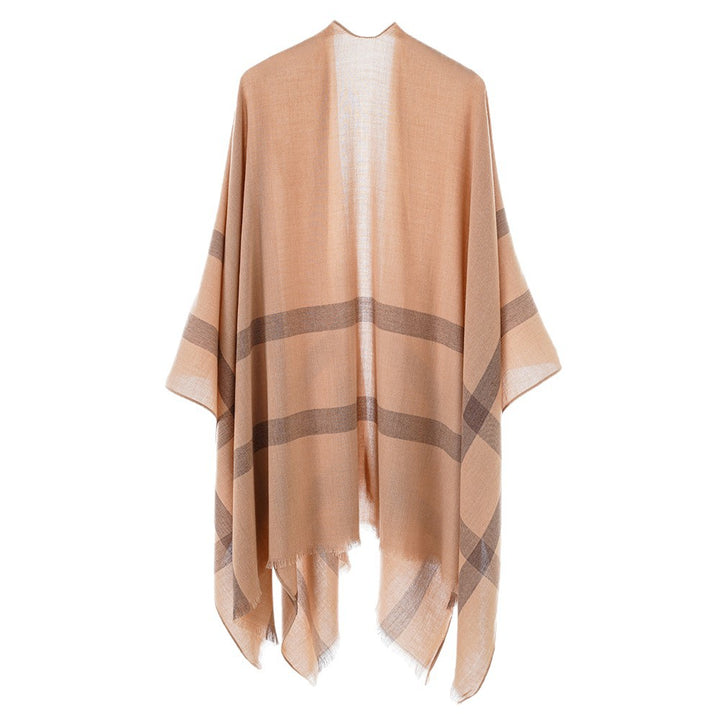 Damen leichter Feinstrick-Cape mit diagonalen Kontraststreifen und Fransen Drune