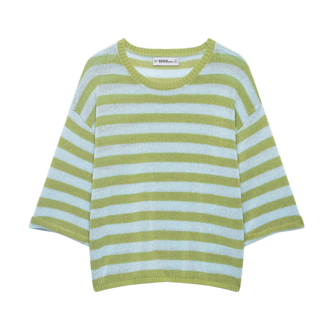 Damen Leichter gestreifter Boxy-Kurzpullover mit überschnittenen Ärmeln Drune