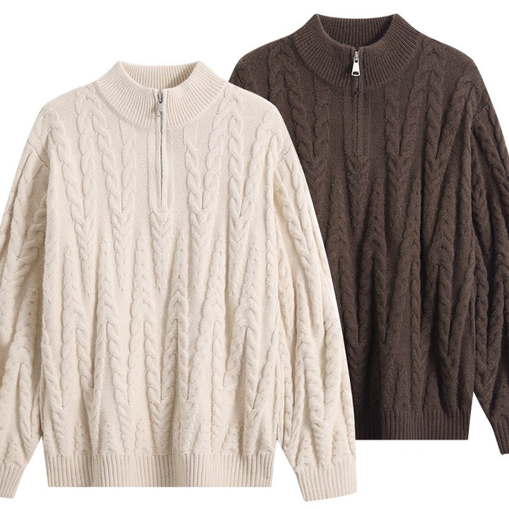 Herren Grobstrick-Halbzip-Pullover im Oversize-Zopfmuster mit hohem Rippkragen Drune