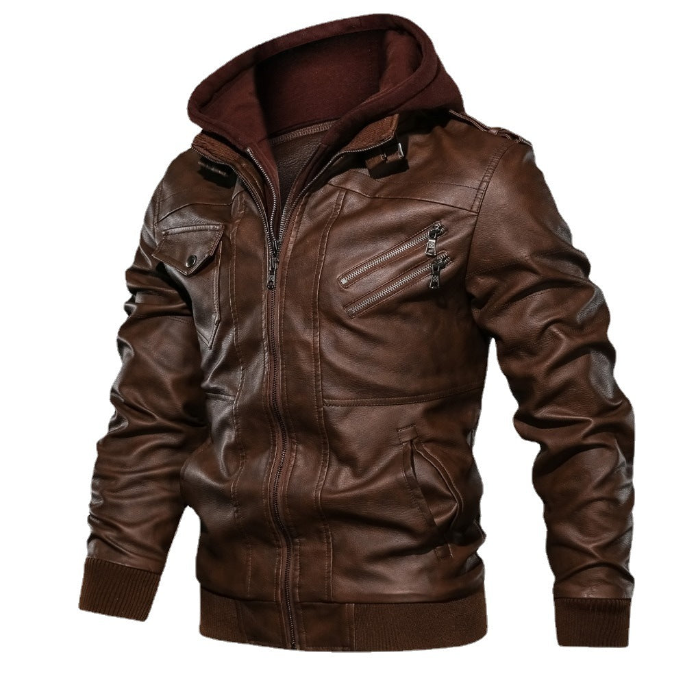 Herren Lederoptik-Utility-Jacke mit Kapuze, Reißverschlusstaschen und Rippbündchen Drune