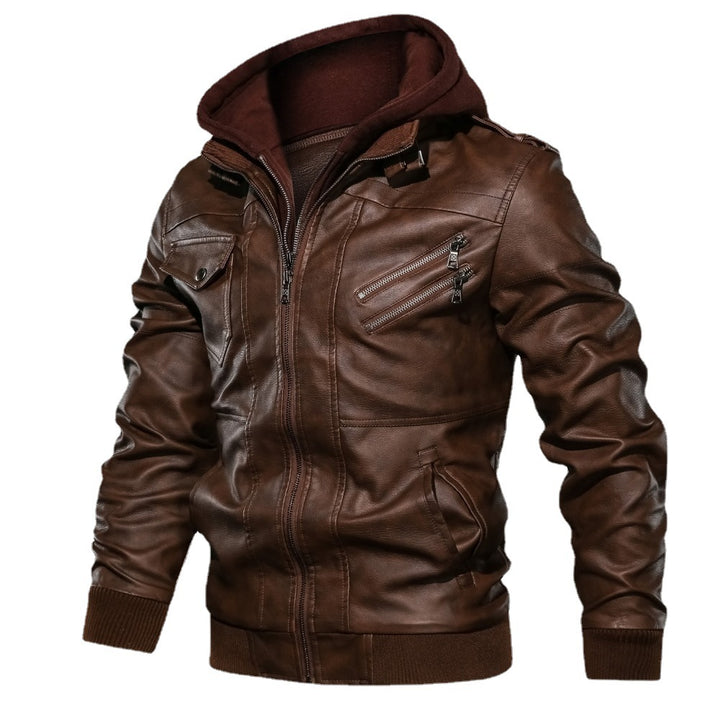 Herren Lederoptik-Utility-Jacke mit Kapuze, Reißverschlusstaschen und Rippbündchen Drune