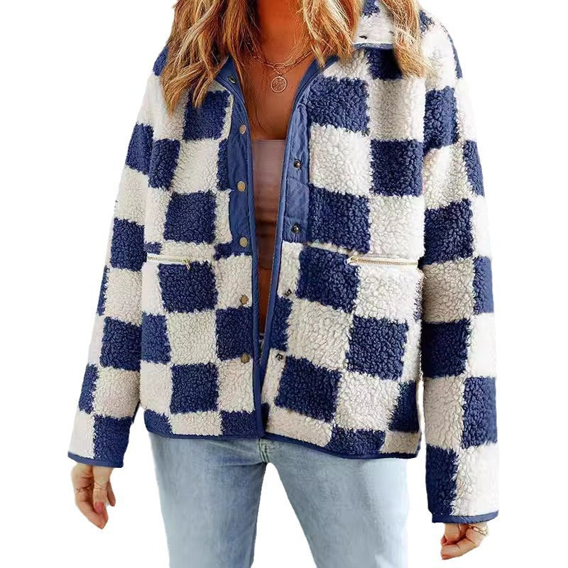 Damen flauschige Karojacke mit praktischen Taschen und Knopfverschluss Drune