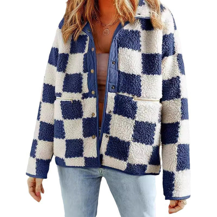 Damen flauschige Karojacke mit praktischen Taschen und Knopfverschluss Drune