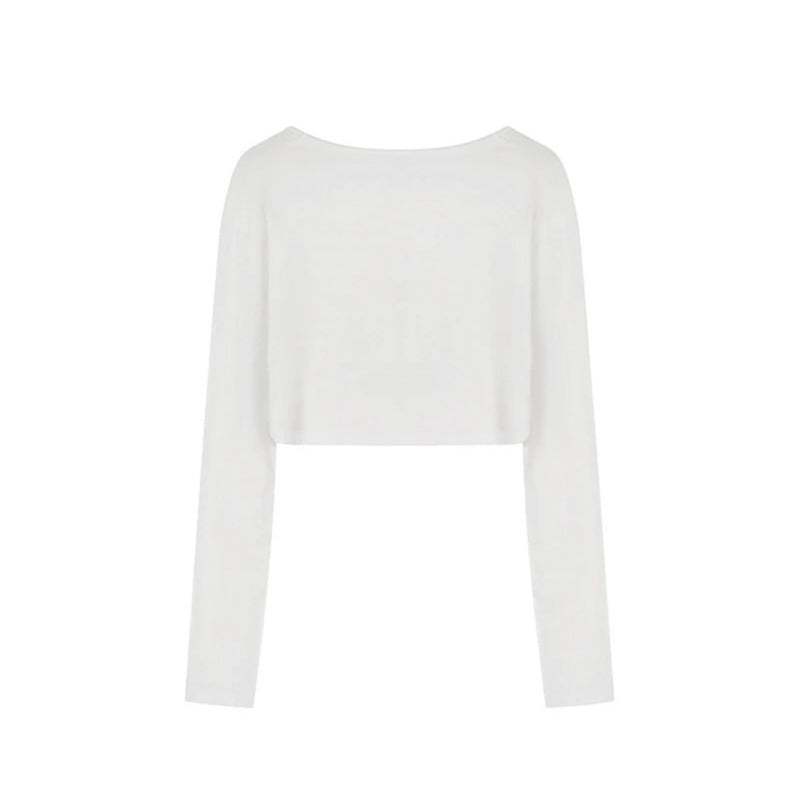 Damen Kurz geschnittenes Langarm-Crop-Top mit weitem Rundhals Drune