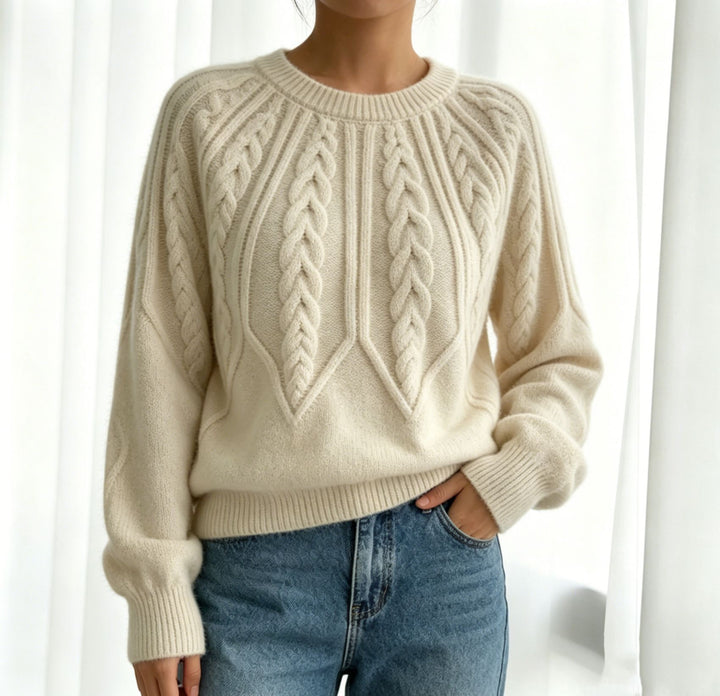 Damen kurzgeschnitteter Grobstrick-Zopfpullover mit Ballonärmeln Drune
