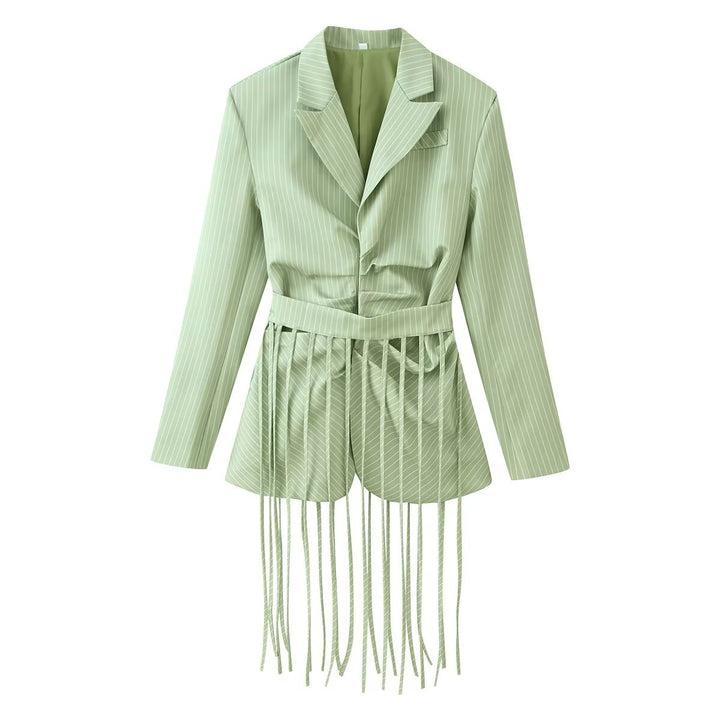 Damen 20+ taillierter Blazer mit Fransen-Detail und Nadelstreifen Drune
