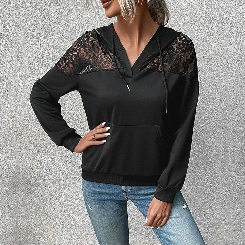 Damen Trendiger Kapuzenpullover mit Spitzenakzenten Drune