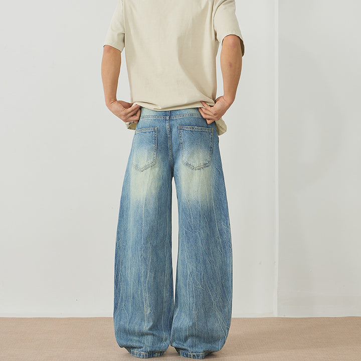 Herren Ultraweite Stonewashed Baggy-Jeans im bodenlangen Palazzoschnitt mit Used‑Effekt Drune