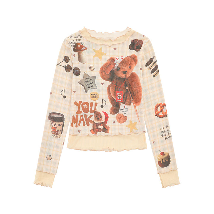 Damen Langarm Mesh-Top mit Teddy-Print und Lagenoptik Drune