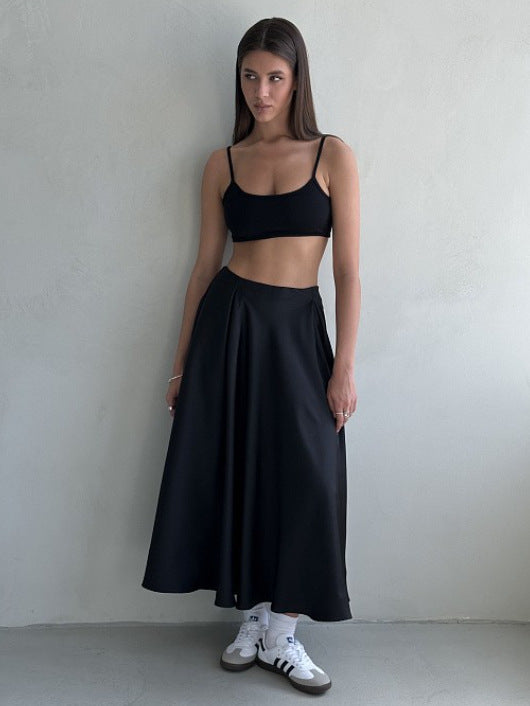 Damen Elegantes Satin-Maxikleid mit schwingendem Rock Drune