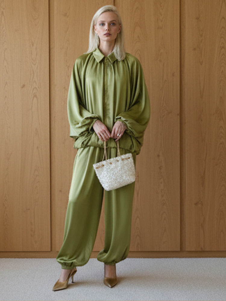 Damen Elegantes Satin-Zweiteiler-Set mit Oversize-Blouson und weiter Palazzo-Hose Drune