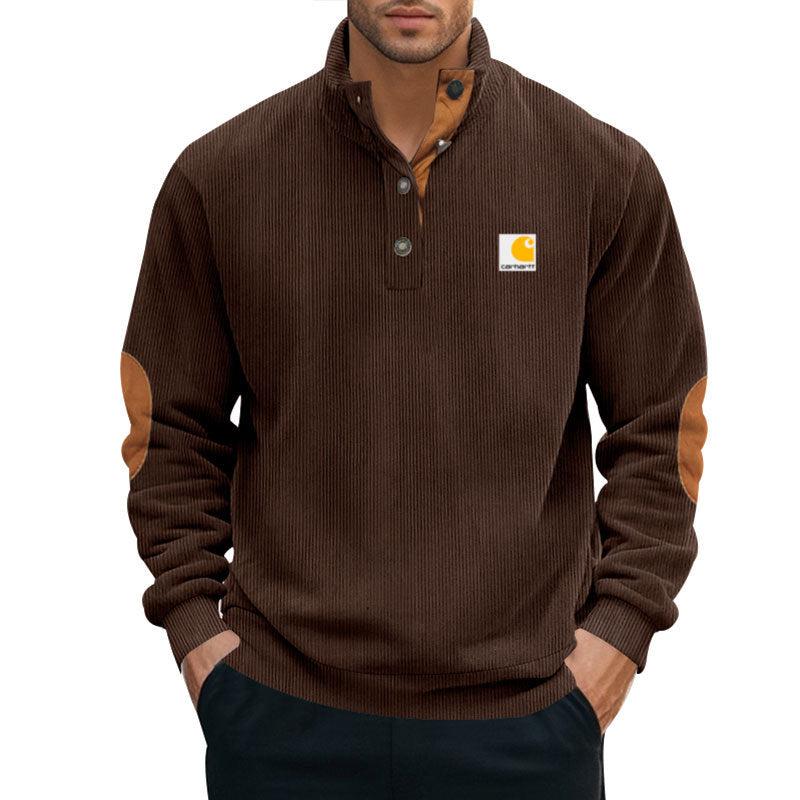 Herren nan Strickpullover im Troyer-Stil mit Stehkragen Lederbesatz Druckknopfleiste und Ellbogen-Patches Drune