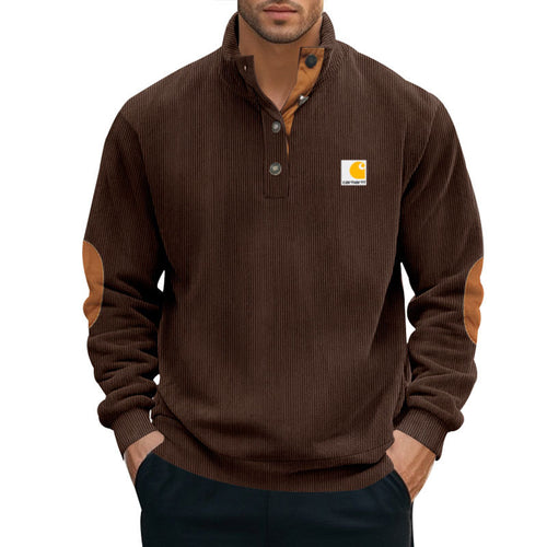 Herren nan Strickpullover im Troyer-Stil mit Stehkragen Lederbesatz Druckknopfleiste und Ellbogen-Patches Drune