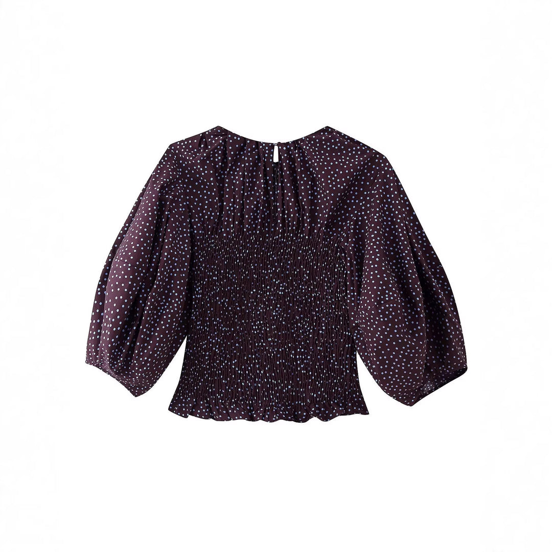 Damen Gepunktete Bluse mit Smok-Taille und Ballonärmeln Drune