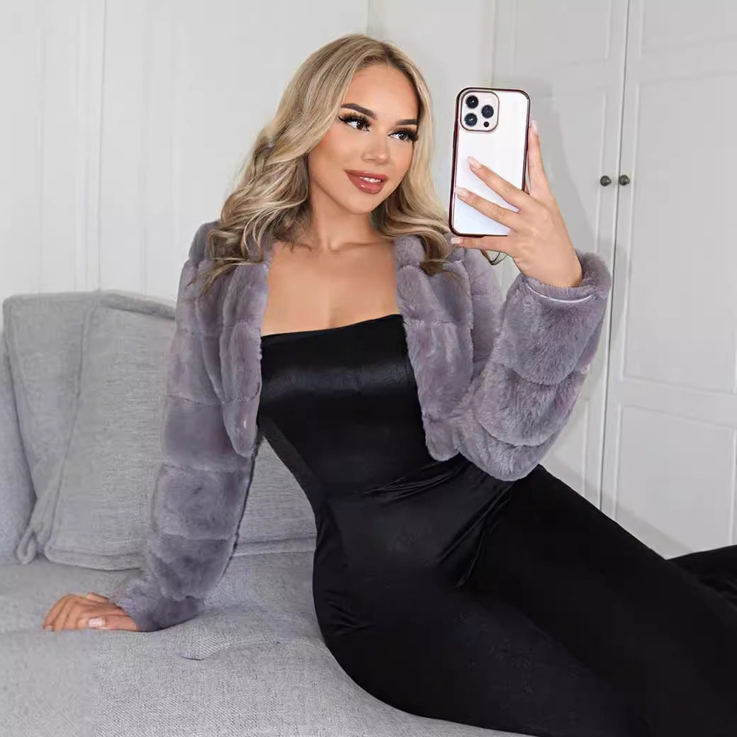 Damen Kurze Kunstpelzjacke mit breiten Ärmeln Drune