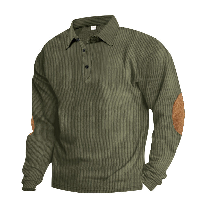 Herren nan schwerer gerippter Baumwoll-Polo-Pullover mit Kentkragen dreifach-Knopfleiste und Wildleder-Ellenbogenpatches Drune