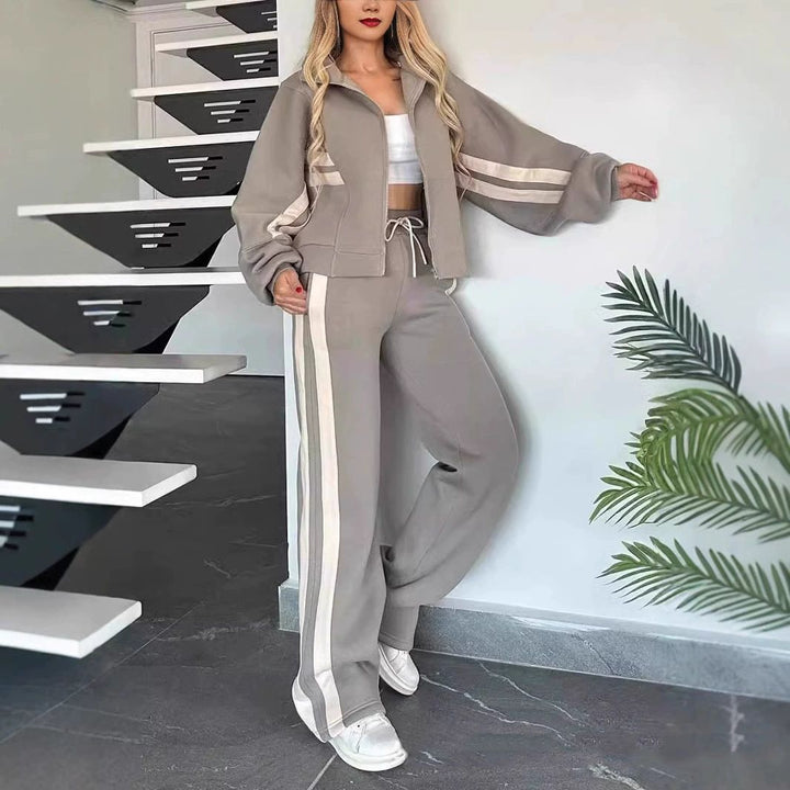 Damen nan athletisches Zweiteiler-Set aus French Terry mit Reißverschluss Cropped Jacke und weitem Highwaist Jogger Drune