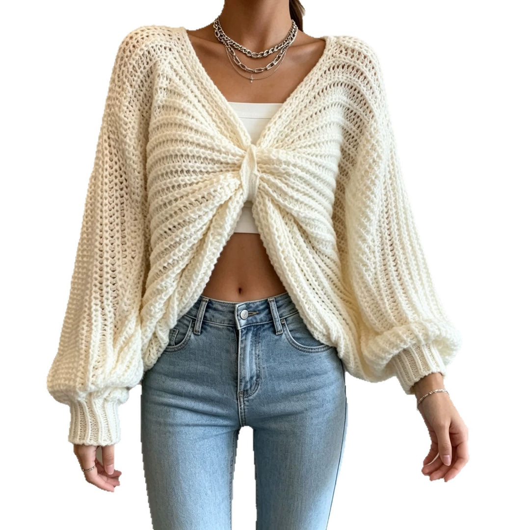 Damen Cropped Strickcardigan mit Knotendetail und Ballonärmeln Drune
