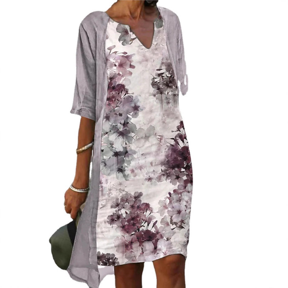 Damen Freizeitkleid mit floralem Design und tiefem V-Ausschnitt Drune