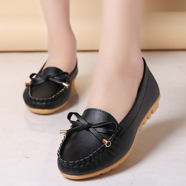 Damen Lederoptik Mokassin-Slipper mit Dekorschleife und profiliertem Gummisohlen-Design Drune