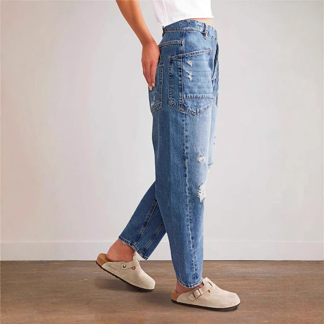 Damen nan oversized Straight-Leg-Jeans mit aufgesetzten Cargo-Taschen und Used-Effekten Drune