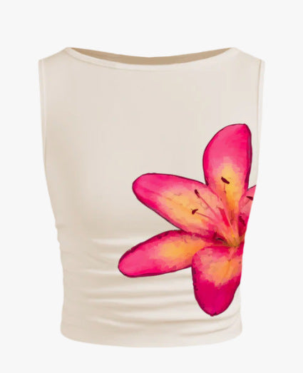 Damen ärmelloses Crop-Top mit floralem Motiv und figurbetontem Schnitt Drune