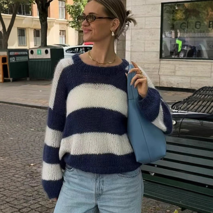 Damen Oversize-Strickpullover mit breiten Blockstreifen und Rundhalsausschnitt Drune