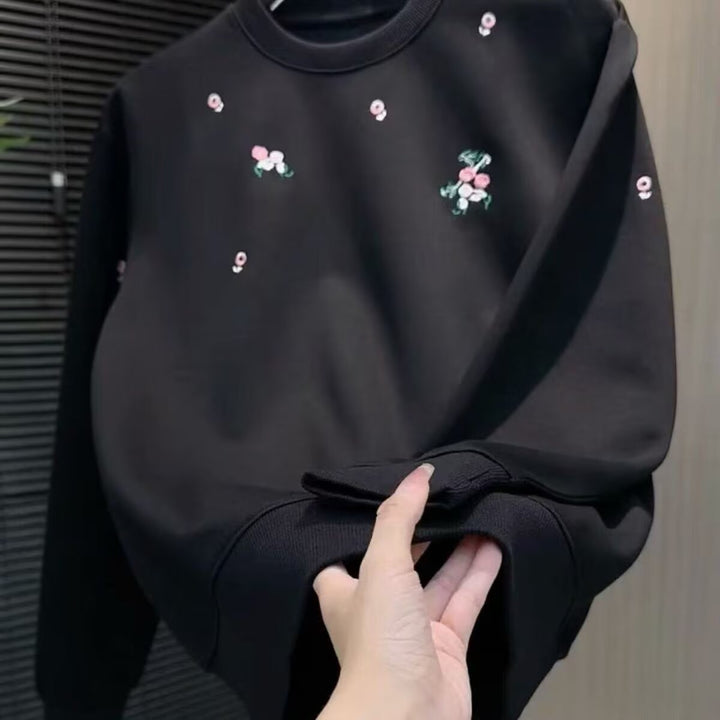 Damen Eleganter Oversized Pullover mit floralem Stickdesign Drune