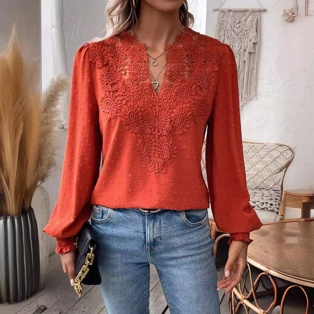 Damen Bluse mit Spitzen‑Plastron, V‑Ausschnitt und ballonartigen Ärmeln Drune