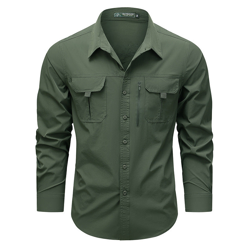 Men's  technical long-sleeve utility shirt with dual flap chest pockets and concealed zip utility pocket Drune