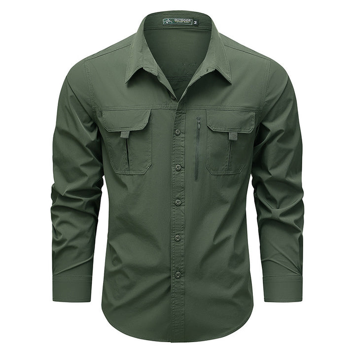 Men's  technical long-sleeve utility shirt with dual flap chest pockets and concealed zip utility pocket Drune
