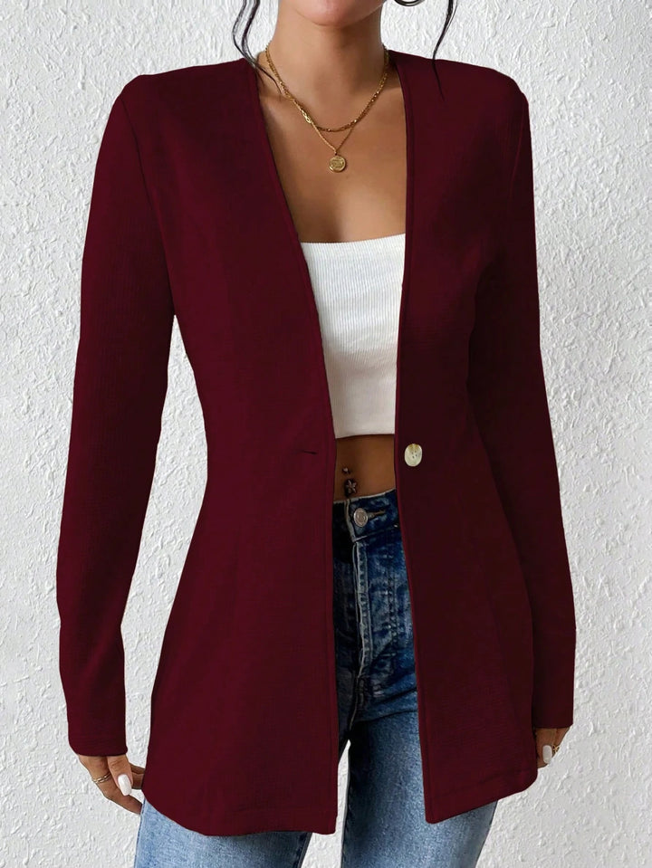 Damen Taillierter kragenloser Longblazer mit Ein-Knopf-Verschluss Drune