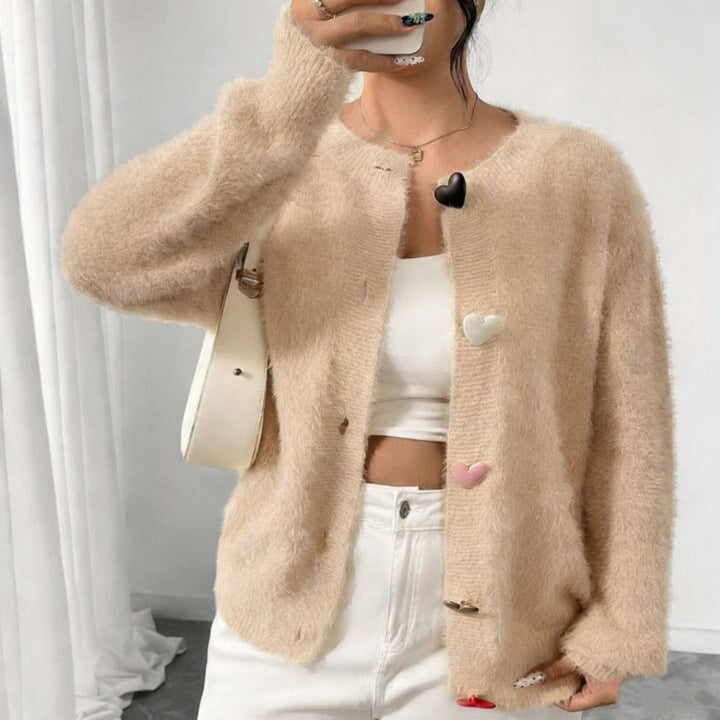Damen Kuscheliger Flausch-Cardigan mit bunten Herzknöpfen und kastiger Silhouette Drune