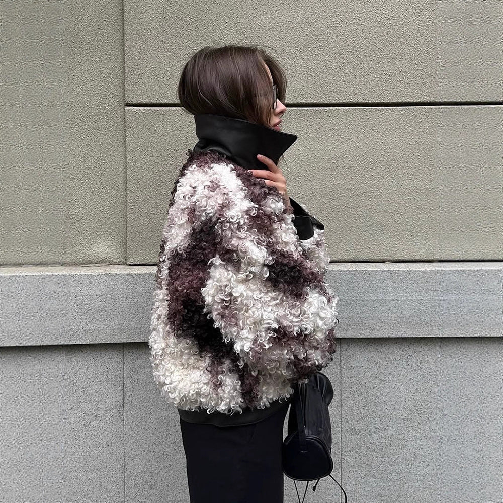 Damen Kurzblouson aus lockigem Bouclé‑Fauxfur mit Lederoptik‑Besatz Drune