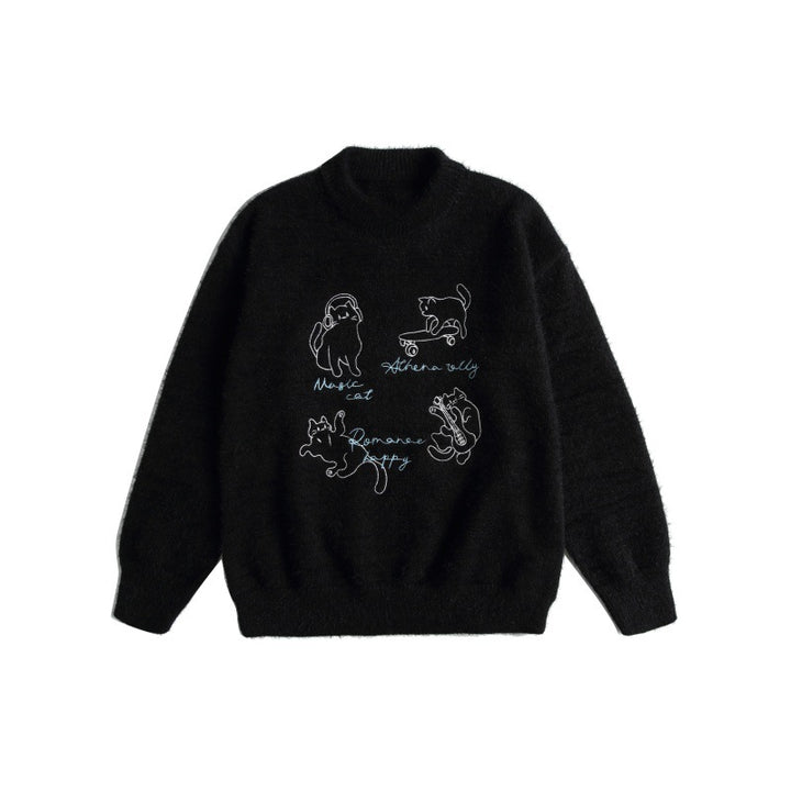 Damen Weicher Pullover mit verspielter Katzenstickerei und leichtem Stehkragen Drune