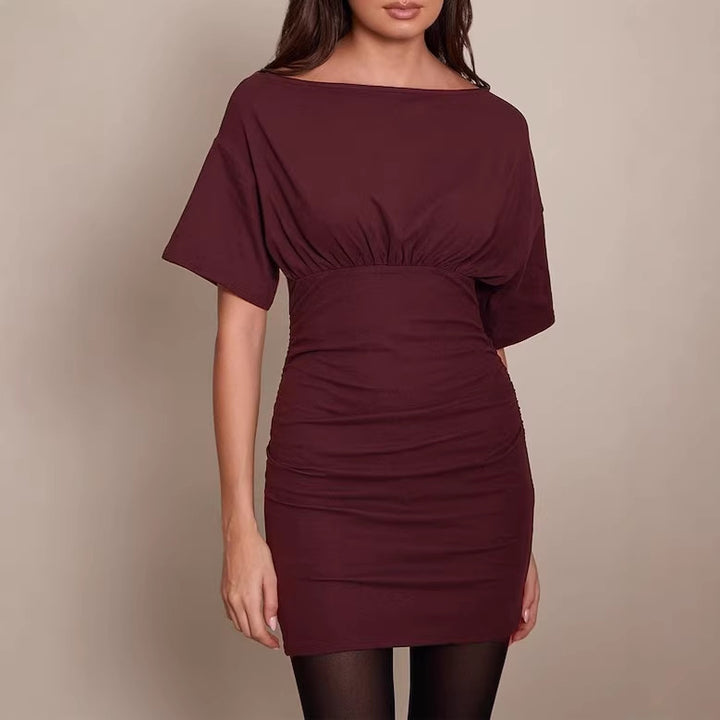 Damen Figurnahes Mini-Kleid mit U‑Boot‑Ausschnitt, Taillenraffung und Fledermausärmeln Drune