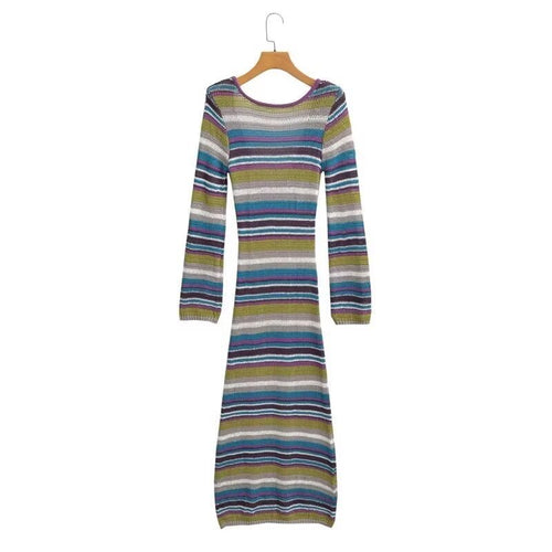 Damen Gestreiftes Rippstrick-Maxikleid mit Rundhalsausschnitt und figurbetonter Silhouette Drune