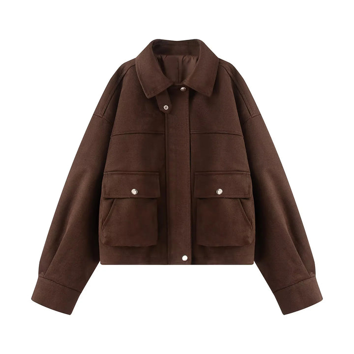 Damen nan boxy kurze Utility-Jacke mit großen Pattentaschen, Druckknopfleiste und überschnittener Schulter Drune