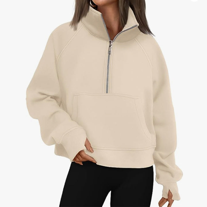 Damen nan oversized Sweatshirt mit halbem Reißverschluss Kängurutasche und Daumenlöchern Drune