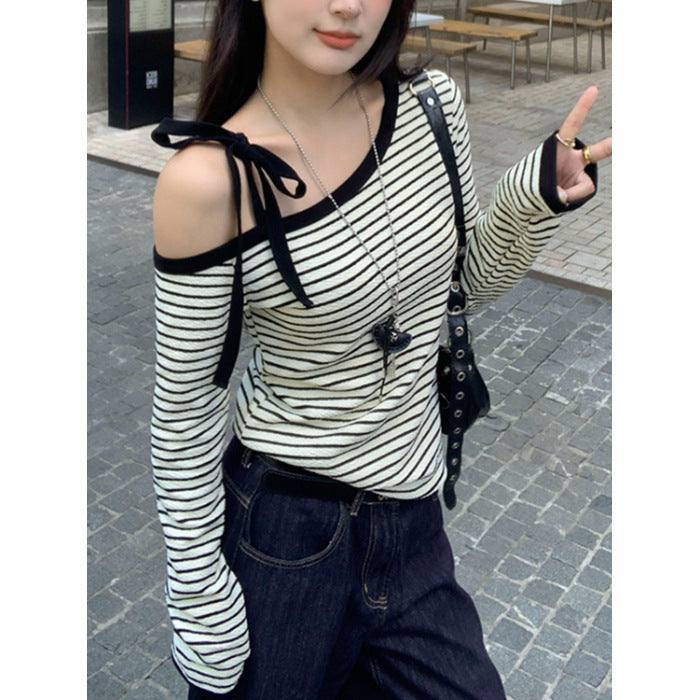 Damen schulterfreies Langarmshirt mit gestreiftem Design und dekorativen Schleifendetails Drune