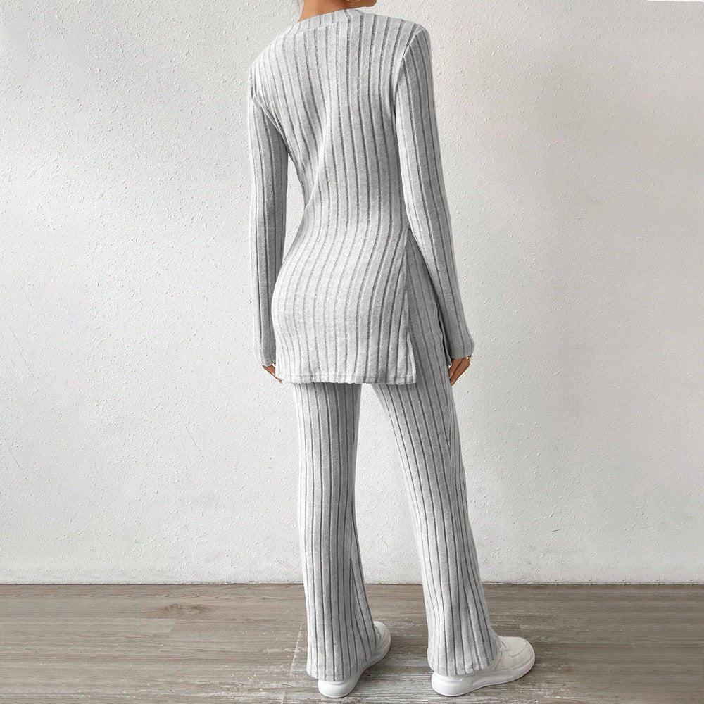 Damen geripptes Feinstrick-Lounge-Set mit seitlicher Saumschlitzen, figurbetontem Longsleeve und weitem Highwaist-Hose Drune