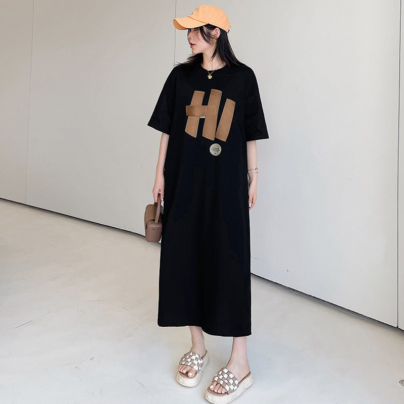 Damen Langarmkleid mit kreativem Grafikdruck und lockerem Schnitt