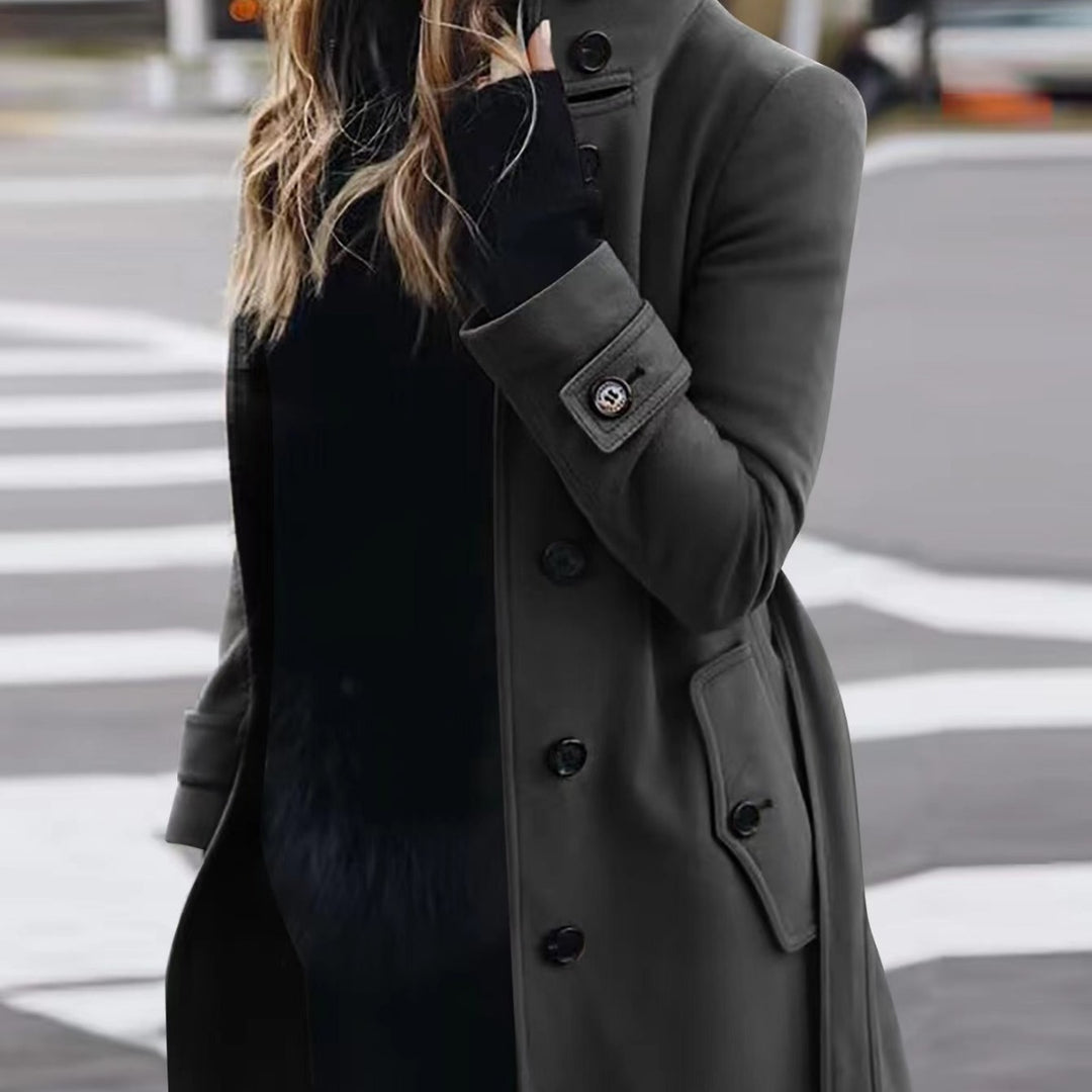 Damen Doppelreihiger Trenchcoat mit hohem Stehkragen, Taillengürtel und Manschetten-Detail Drune