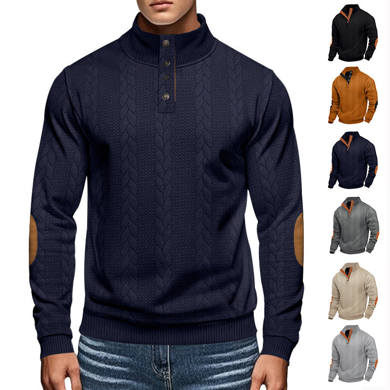 Herren nan Zopfmuster-Pullover mit Stehkragen, halber Knopfleiste und Ellbogenpatches Drune