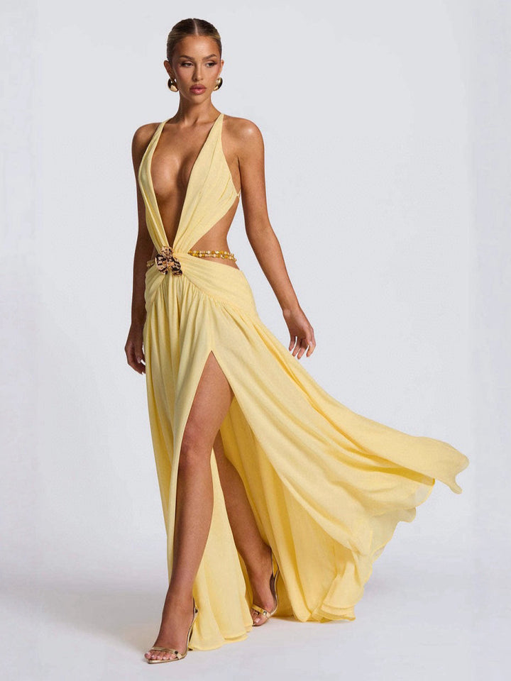 Damen Maxikleid mit tiefem V-Ausschnitt und elegantem Wickeldesign Drune