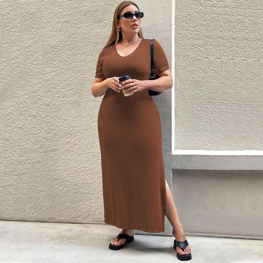 Damen Figurbetontes Maxikleid mit Seitenschlitz und Rippenstruktur Drune