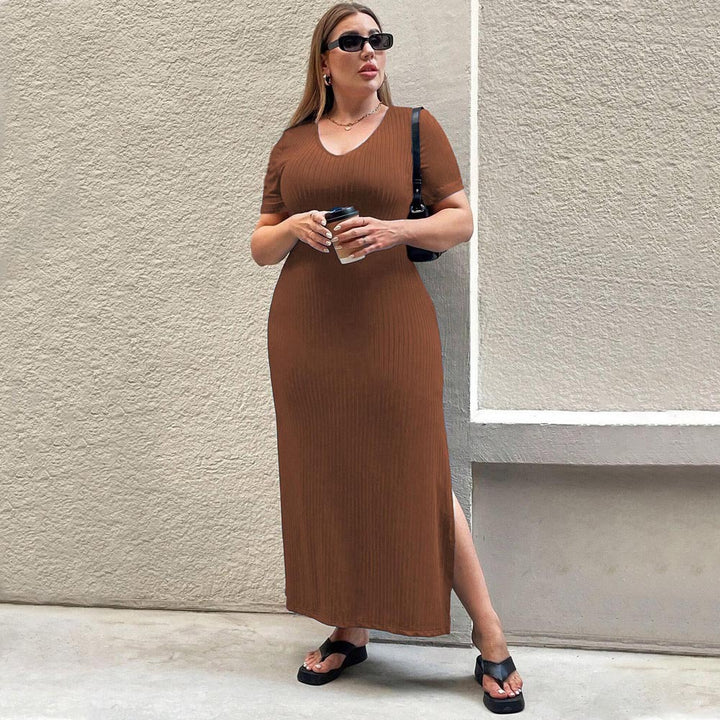 Damen Figurbetontes Maxikleid mit Seitenschlitz und Rippenstruktur Drune