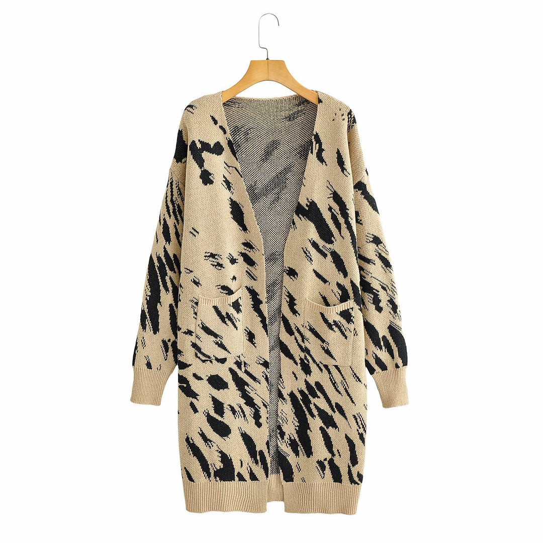 Damen Grobstrick-Cardigan mit modischem Leopardenmuster und praktischen Taschen Drune