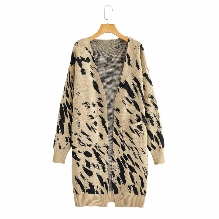 Damen Grobstrick-Cardigan mit modischem Leopardenmuster und praktischen Taschen Drune